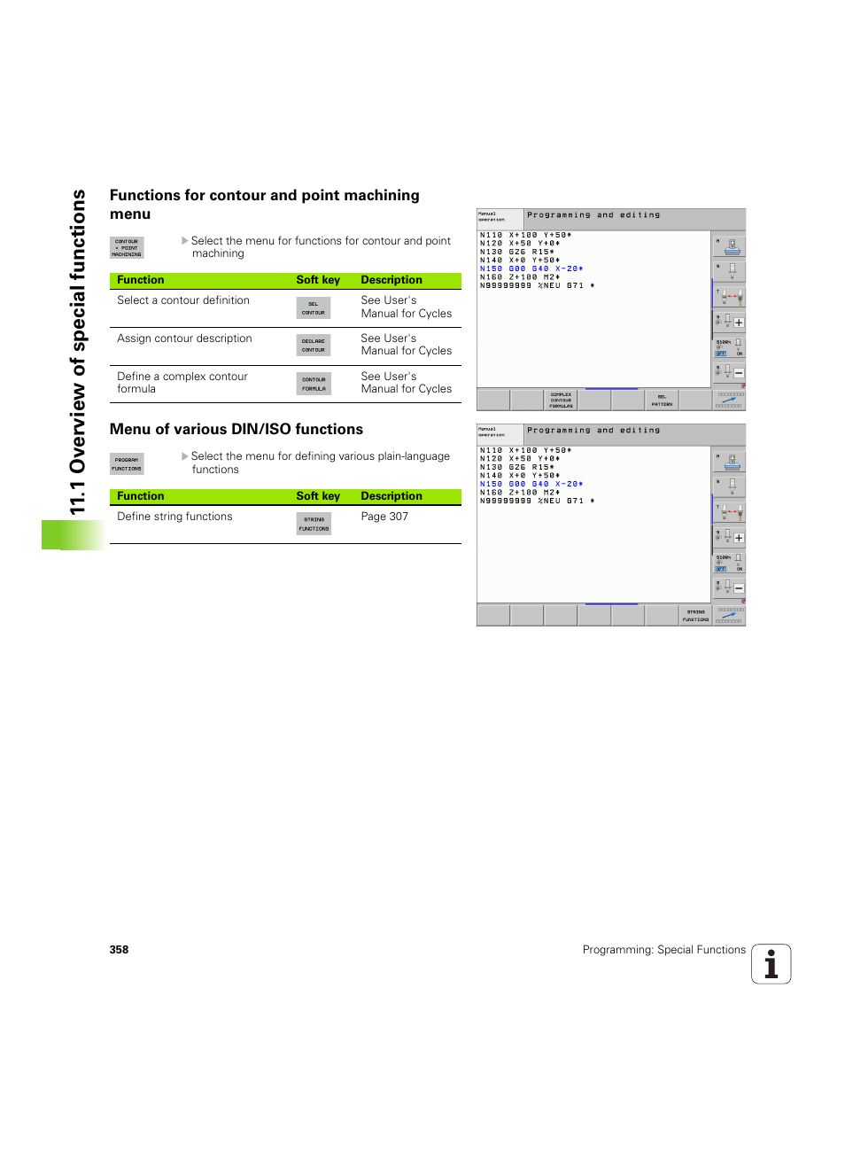 Functions for contour and point machining menu, Menu of various din/iso functions, 11 .1 ov erview of special functions | HEIDENHAIN iTNC 530 (60642x-04) ISO programming User Manual | Page 358 / 664