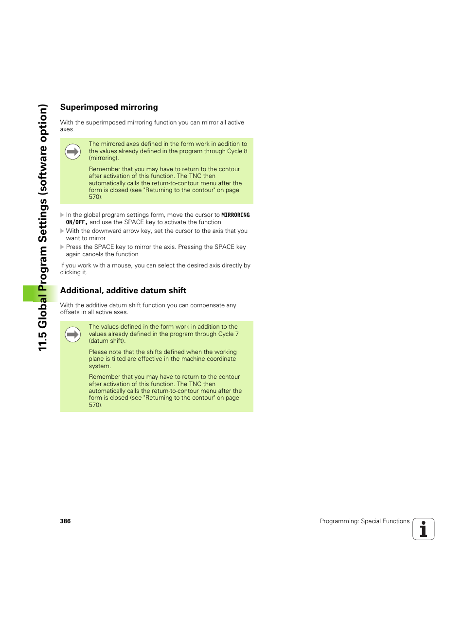 Superimposed mirroring, Additional, additive datum shift | HEIDENHAIN iTNC 530 (60642x-04) ISO programming User Manual | Page 386 / 664