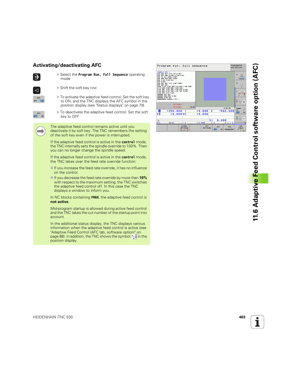 Activating/deactivating afc | HEIDENHAIN iTNC 530 (60642x-04) ISO programming User Manual | Page 403 / 664