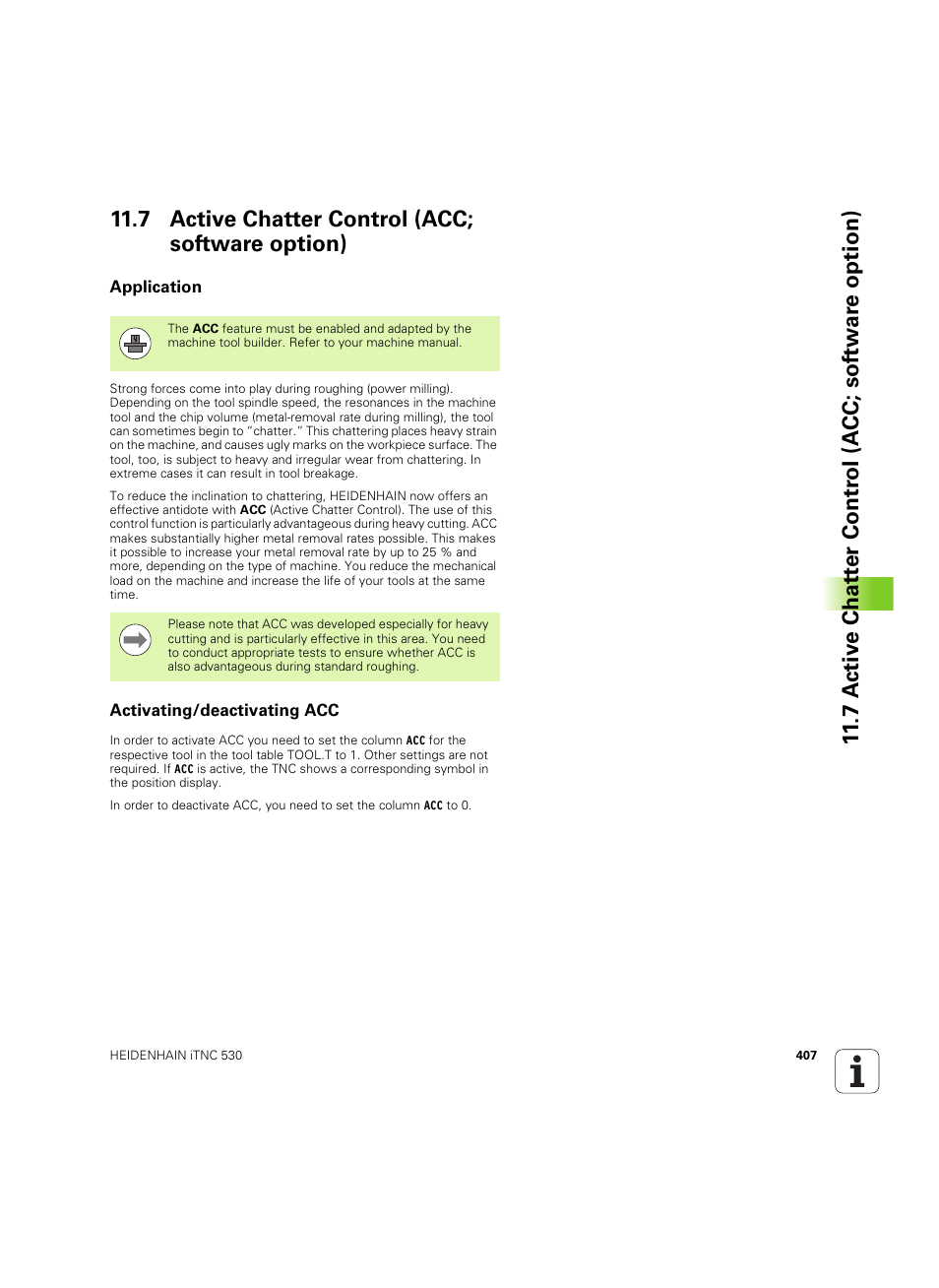 7 active chatter control (acc; software option), Application, Activating/deactivating acc | See "active | HEIDENHAIN iTNC 530 (60642x-04) ISO programming User Manual | Page 407 / 664