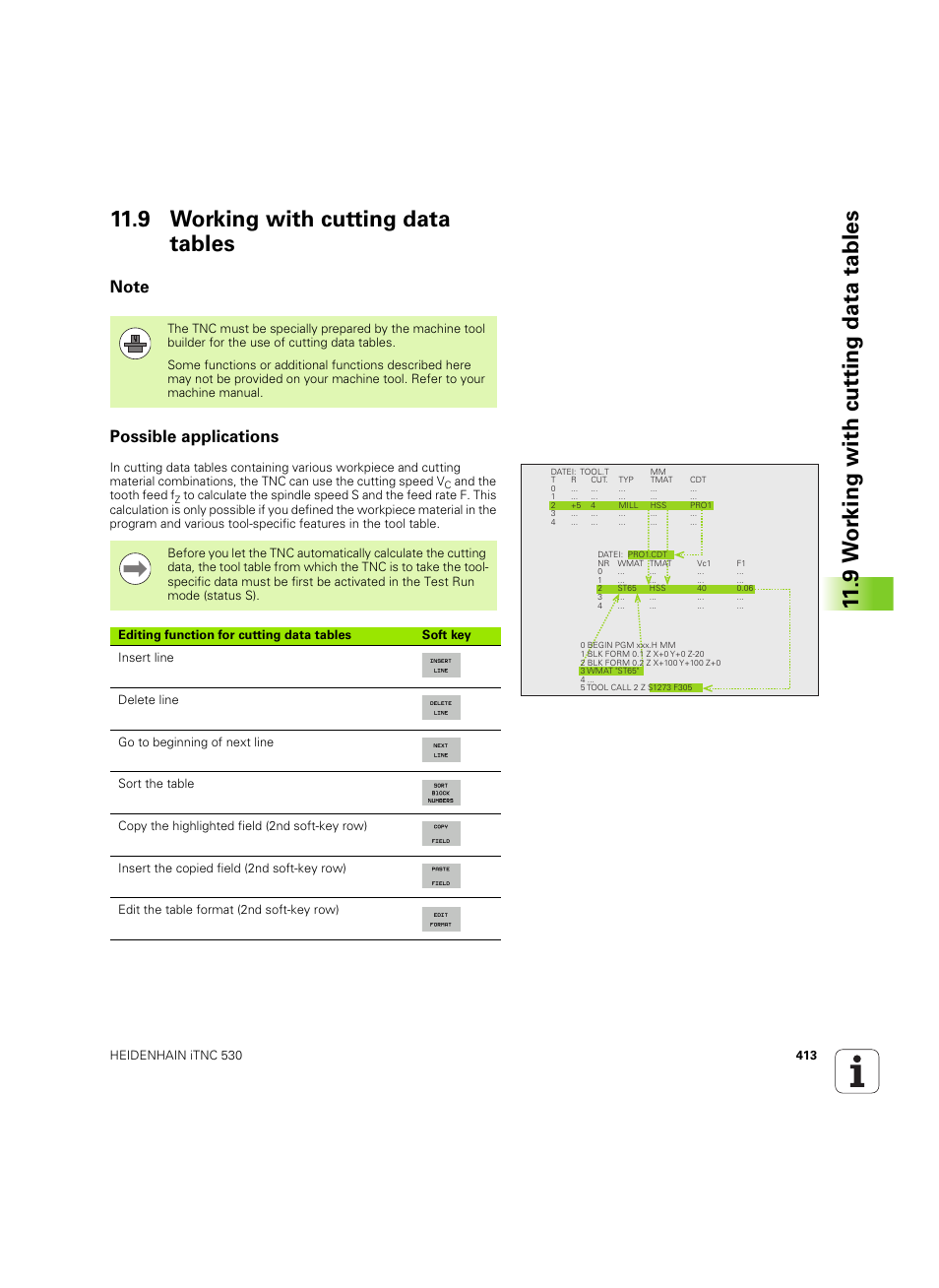 9 working with cutting data tables, Note, Possible applications | HEIDENHAIN iTNC 530 (60642x-04) ISO programming User Manual | Page 413 / 664