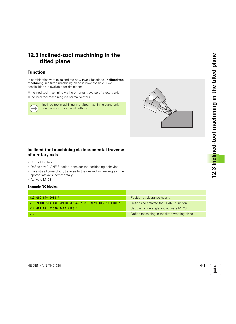 3 inclined-tool machining in the tilted plane, Function | HEIDENHAIN iTNC 530 (60642x-04) ISO programming User Manual | Page 443 / 664