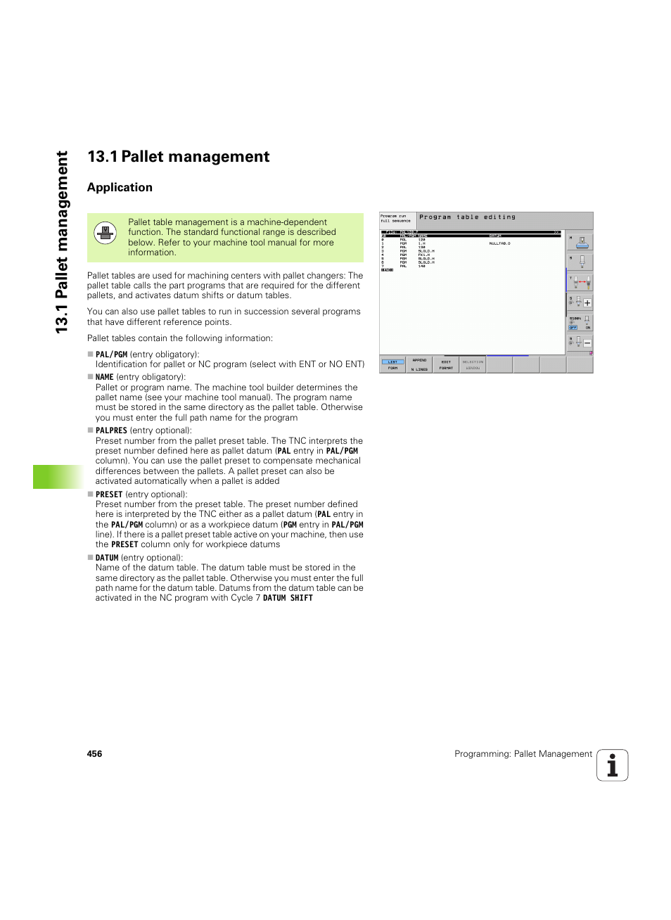 1 pallet management, Application, 1 pa llet manag ement 13.1 pallet management | HEIDENHAIN iTNC 530 (60642x-04) ISO programming User Manual | Page 456 / 664