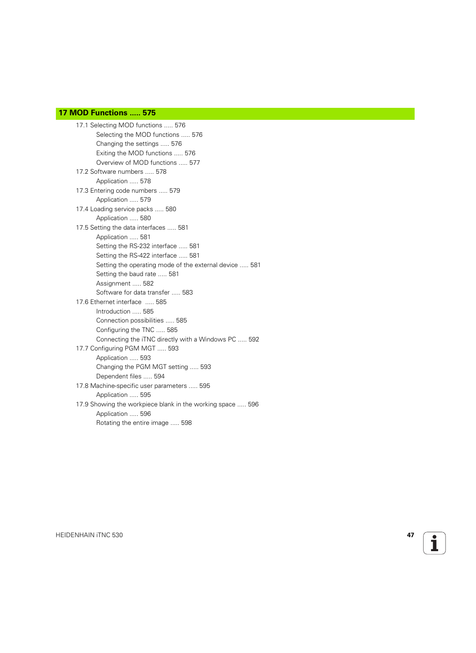 17 mod functions | HEIDENHAIN iTNC 530 (60642x-04) ISO programming User Manual | Page 47 / 664