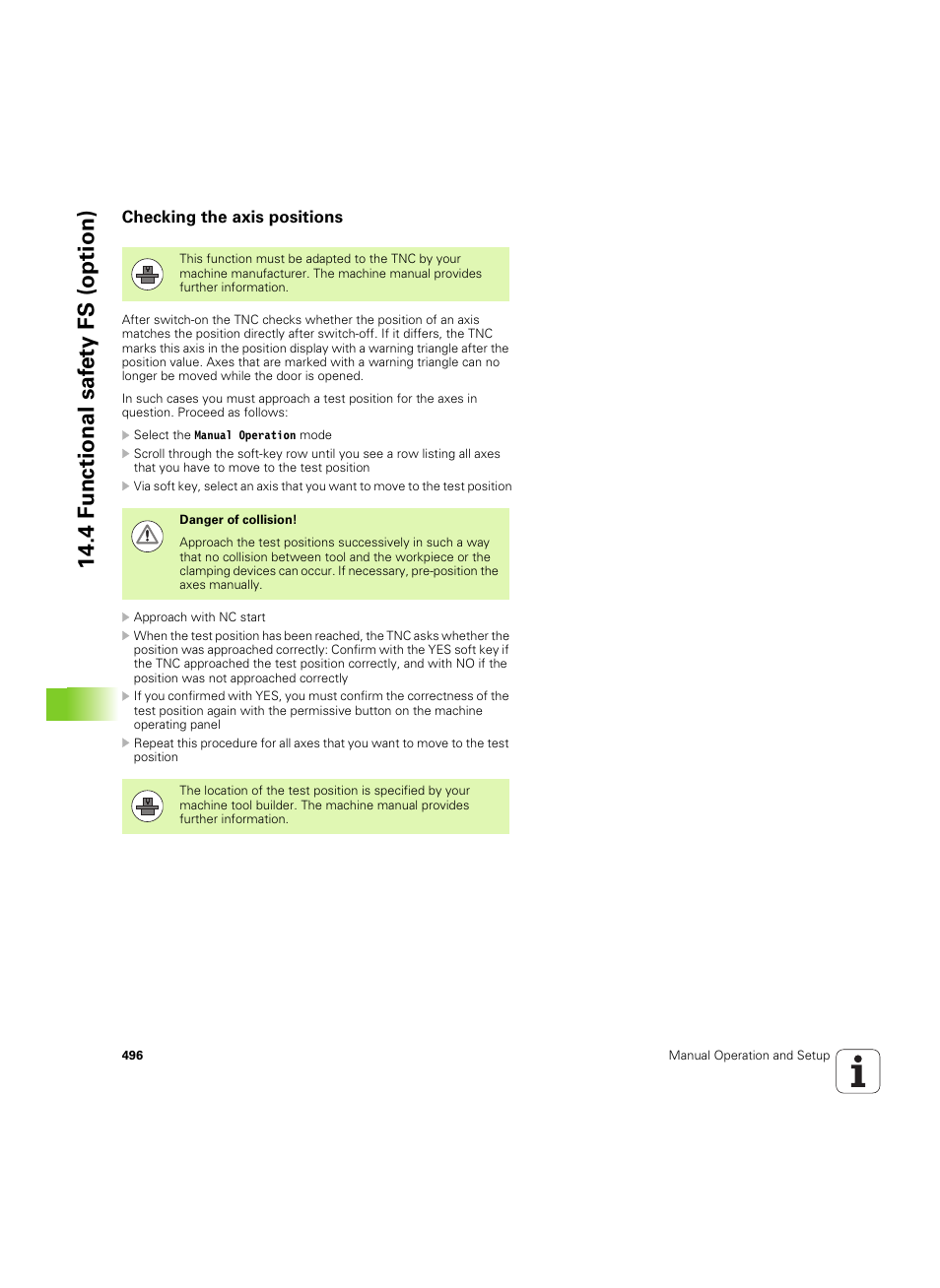 Checking the axis positions, 4 fu nctional saf ety fs (option) | HEIDENHAIN iTNC 530 (60642x-04) ISO programming User Manual | Page 496 / 664