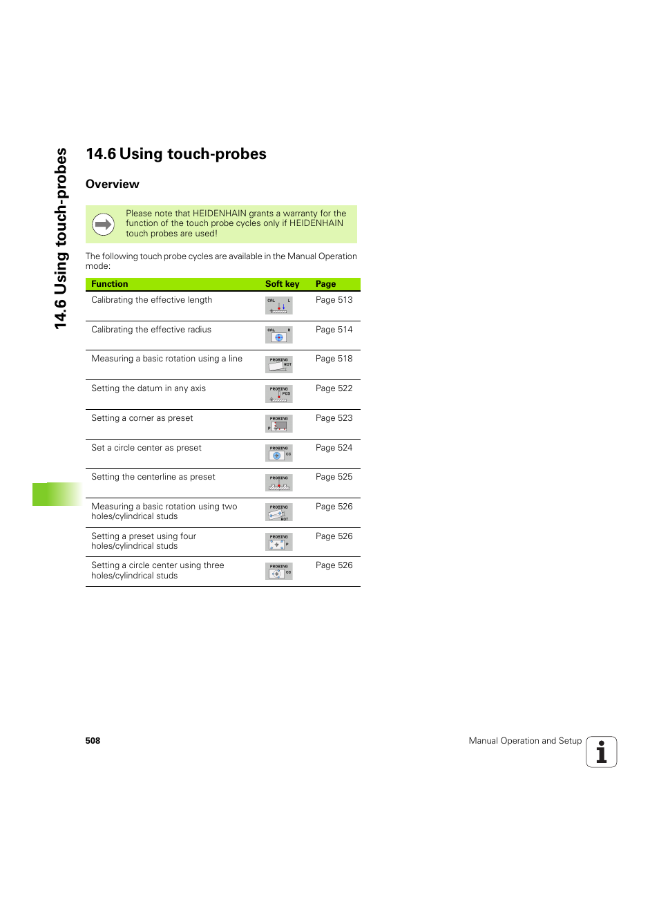 6 using touch-probes, Overview, 6 using to uc h-pr obes 14.6 using touch-probes | HEIDENHAIN iTNC 530 (60642x-04) ISO programming User Manual | Page 508 / 664