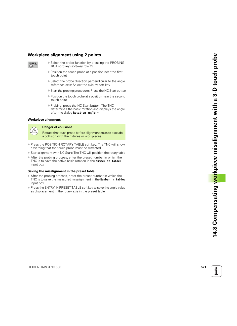 Workpiece alignment using 2 points | HEIDENHAIN iTNC 530 (60642x-04) ISO programming User Manual | Page 521 / 664