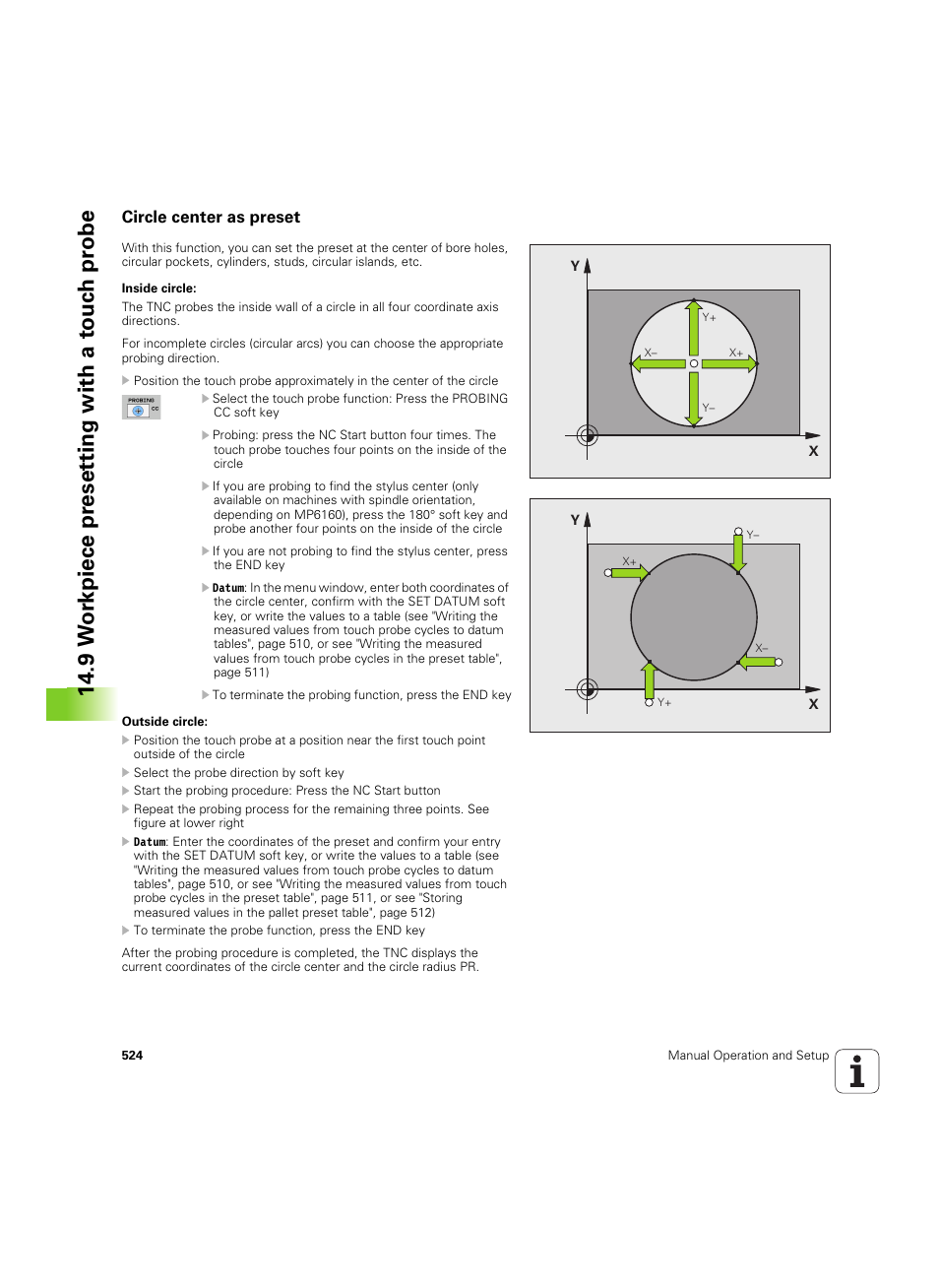 Circle center as preset, 9 w or kpiece pr eset ting with a to uc h pr obe | HEIDENHAIN iTNC 530 (60642x-04) ISO programming User Manual | Page 524 / 664