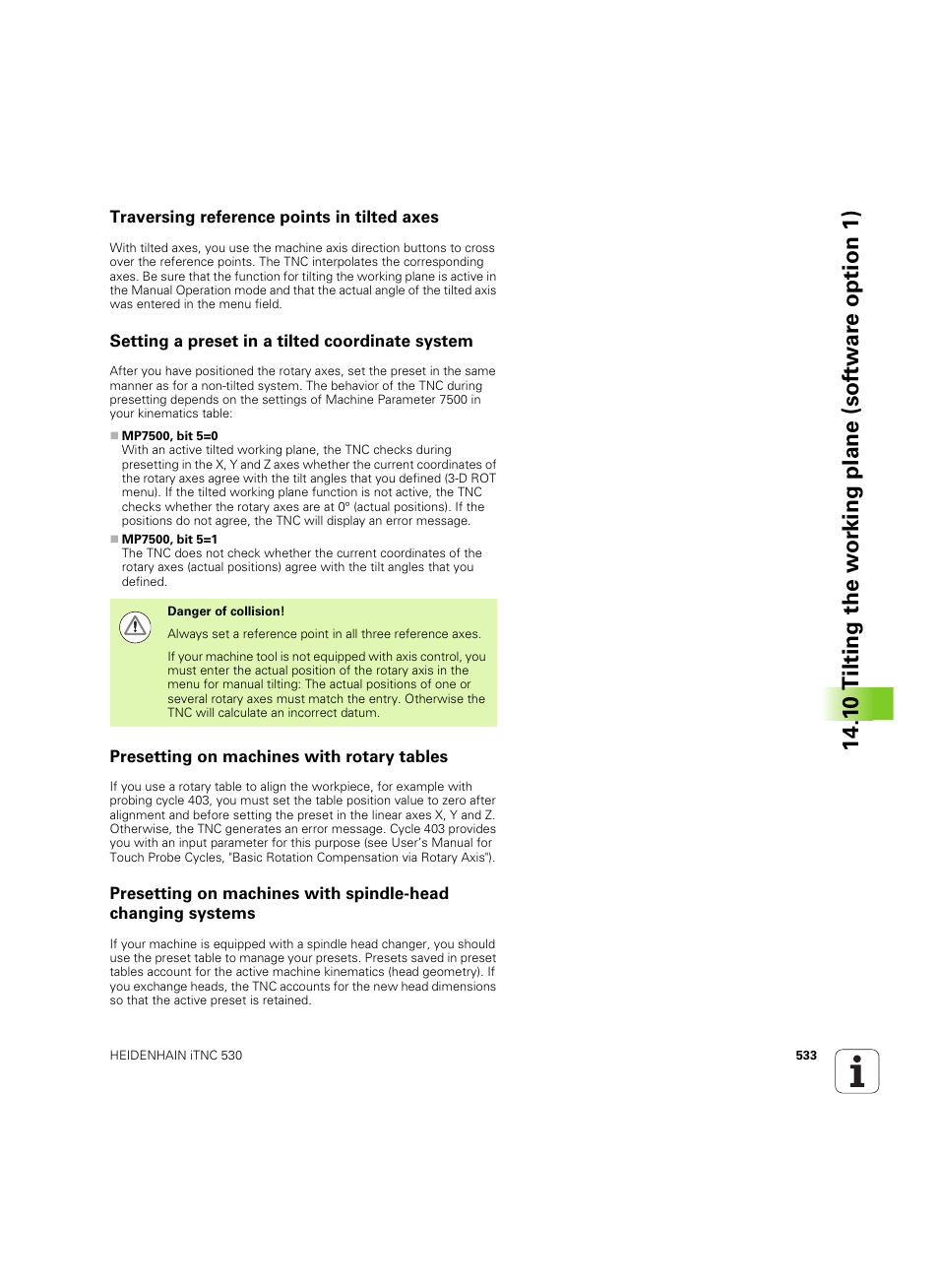 Traversing reference points in tilted axes, Setting a preset in a tilted coordinate system, Presetting on machines with rotary tables | HEIDENHAIN iTNC 530 (60642x-04) ISO programming User Manual | Page 533 / 664