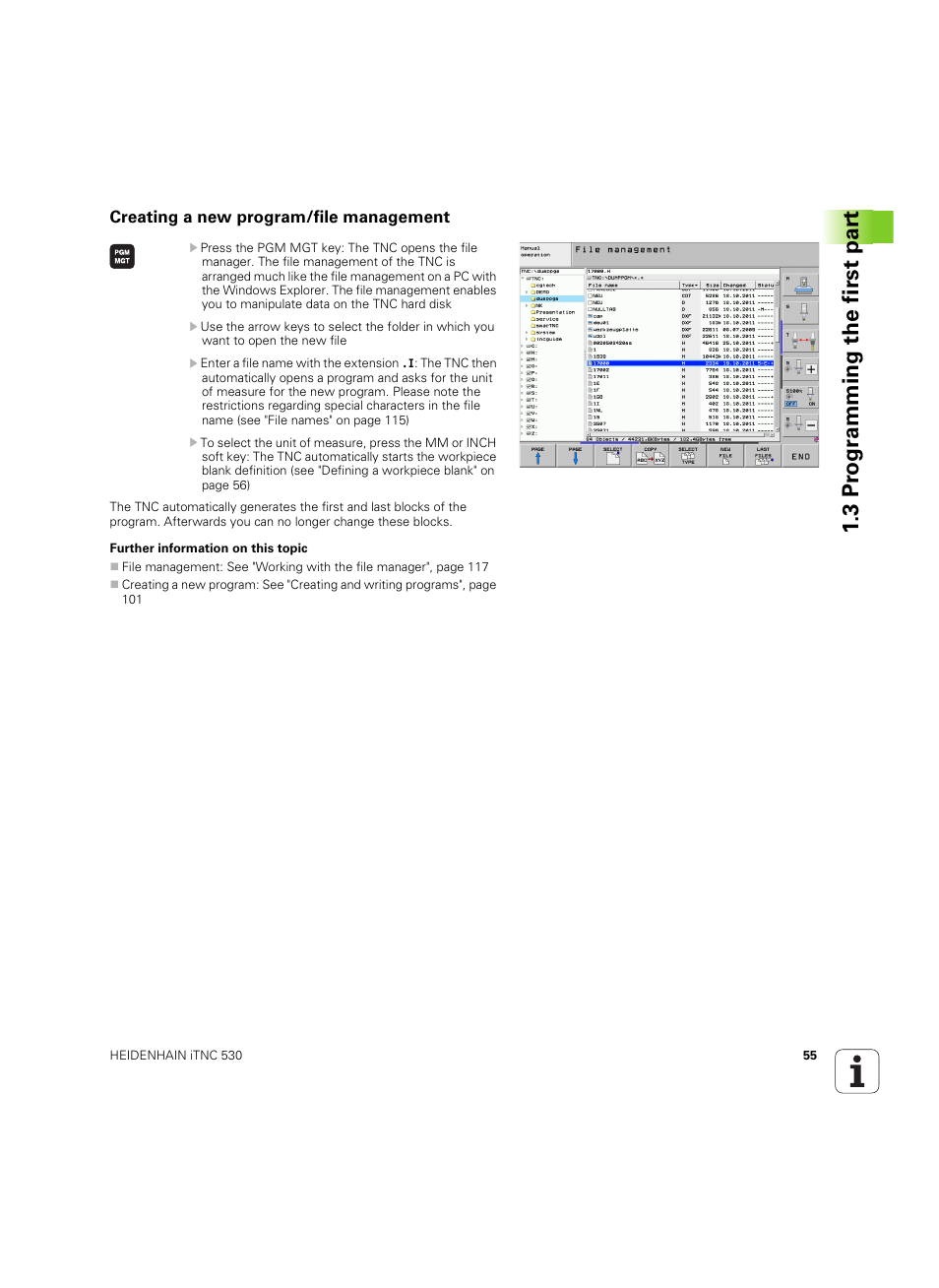 Creating a new program/file management, 3 pr ogr amming the first par t | HEIDENHAIN iTNC 530 (60642x-04) ISO programming User Manual | Page 55 / 664