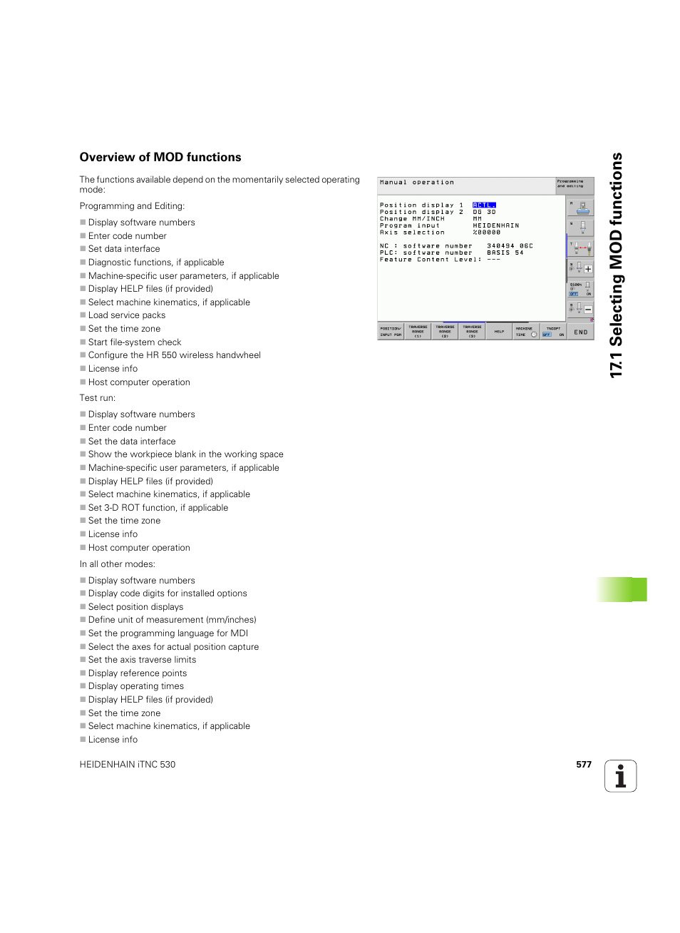 Overview of mod functions, 17 .1 selecting mod functions | HEIDENHAIN iTNC 530 (60642x-04) ISO programming User Manual | Page 577 / 664