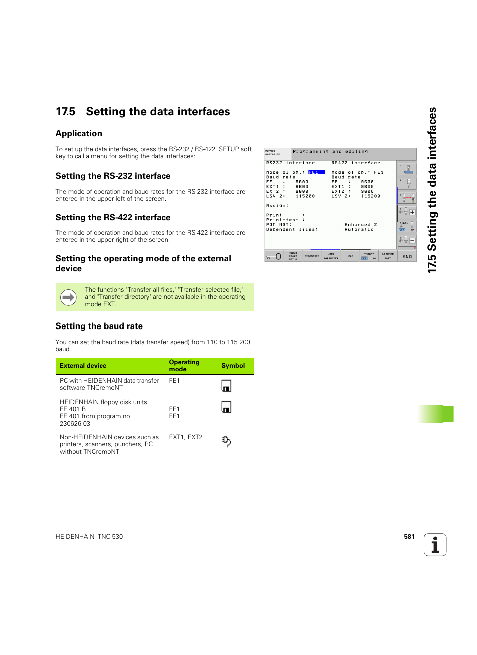 5 setting the data interfaces, Application, Setting the rs-232 interface | Setting the rs-422 interface, Setting the operating mode of the external device, Setting the baud rate | HEIDENHAIN iTNC 530 (60642x-04) ISO programming User Manual | Page 581 / 664