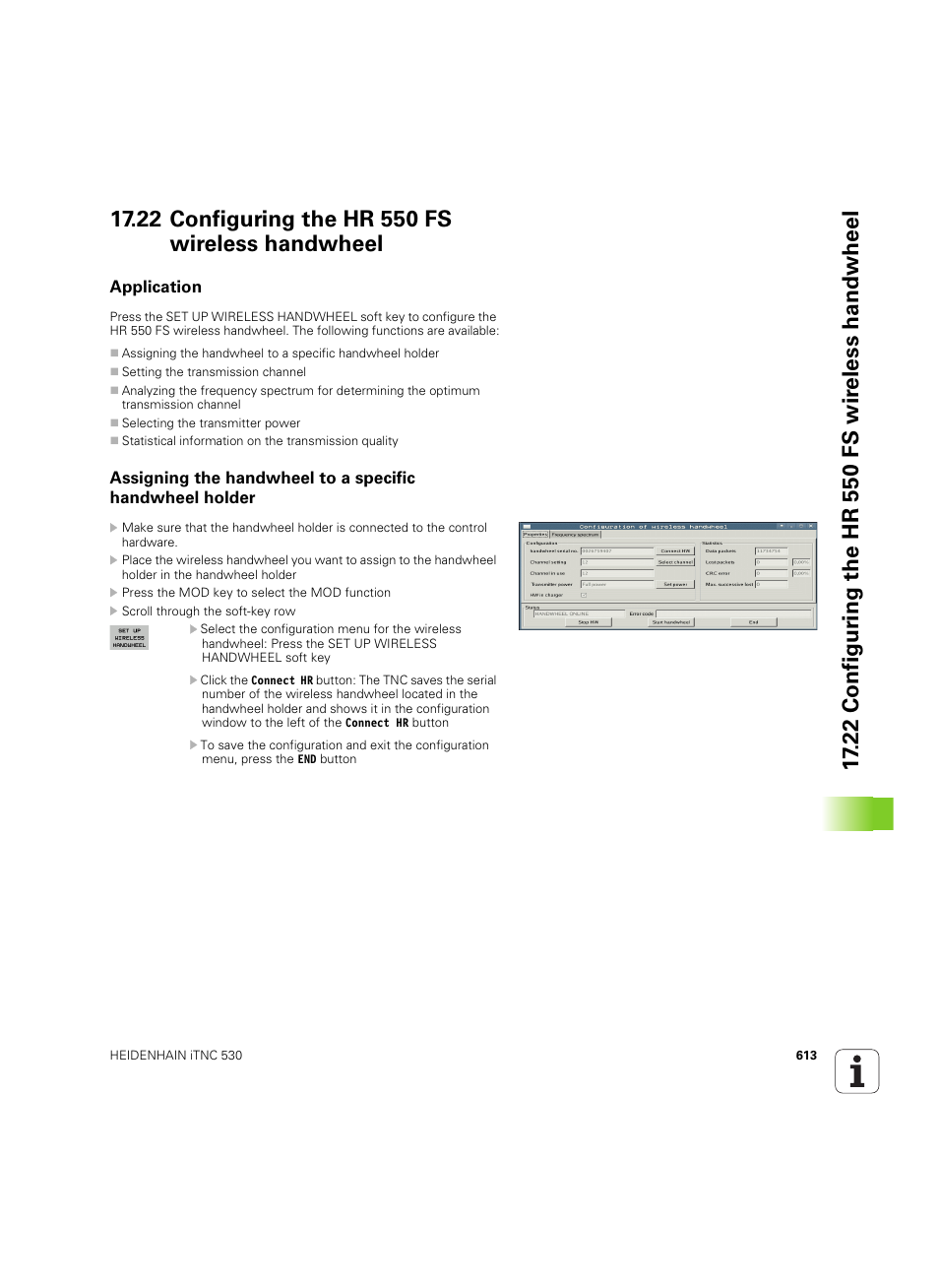 22 configuring the hr 550 fs wireless handwheel, Application | HEIDENHAIN iTNC 530 (60642x-04) ISO programming User Manual | Page 613 / 664