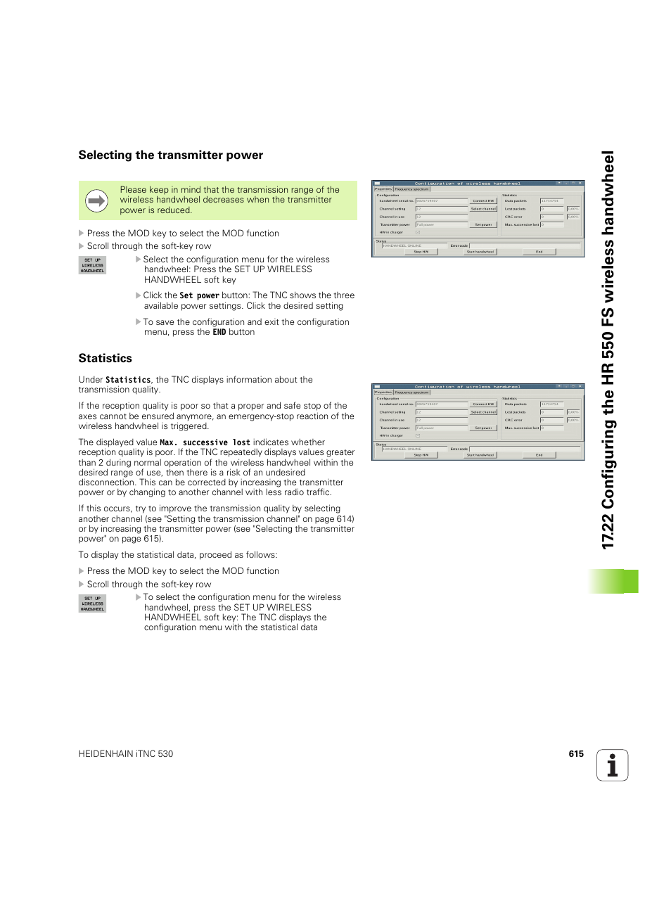 Selecting the transmitter power, Statistics | HEIDENHAIN iTNC 530 (60642x-04) ISO programming User Manual | Page 615 / 664