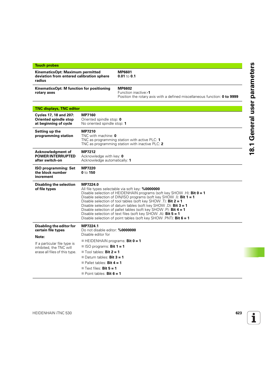 18 .1 gener al user par amet ers | HEIDENHAIN iTNC 530 (60642x-04) ISO programming User Manual | Page 623 / 664
