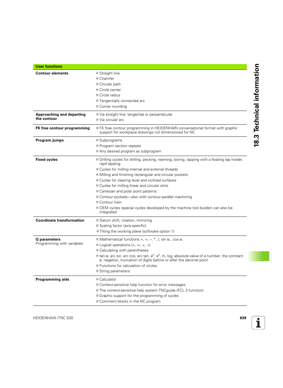 18 .3 tec hnical inf o rm ation | HEIDENHAIN iTNC 530 (60642x-04) ISO programming User Manual | Page 639 / 664