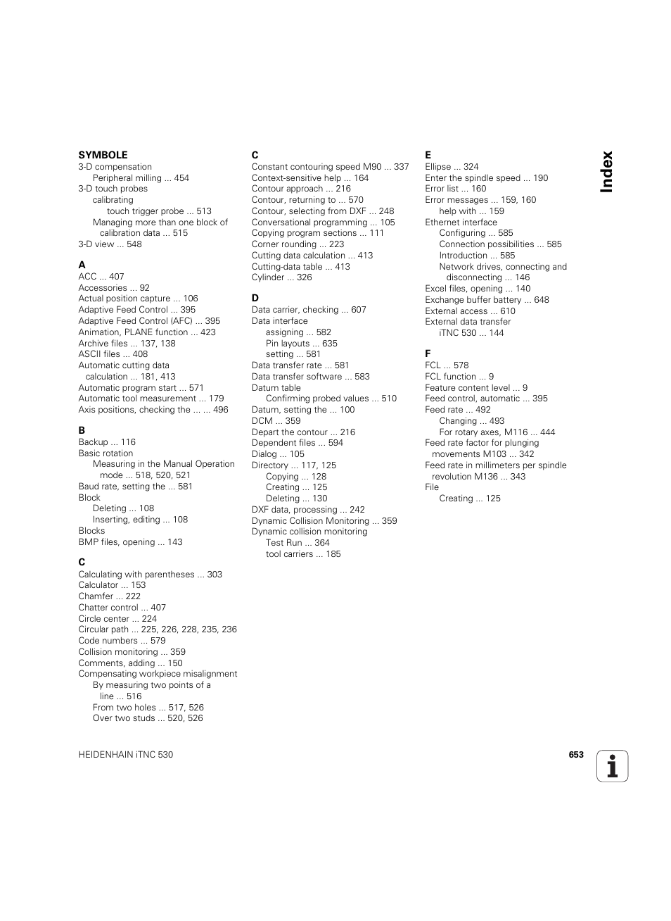 Index | HEIDENHAIN iTNC 530 (60642x-04) ISO programming User Manual | Page 653 / 664