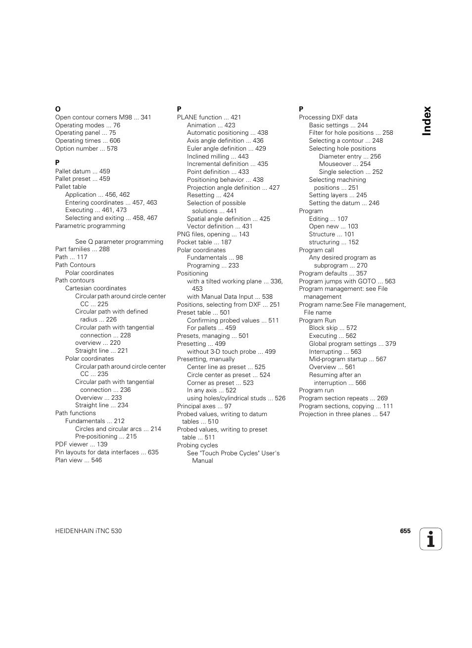 Index | HEIDENHAIN iTNC 530 (60642x-04) ISO programming User Manual | Page 655 / 664