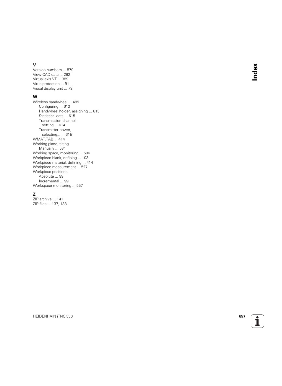 Index | HEIDENHAIN iTNC 530 (60642x-04) ISO programming User Manual | Page 657 / 664