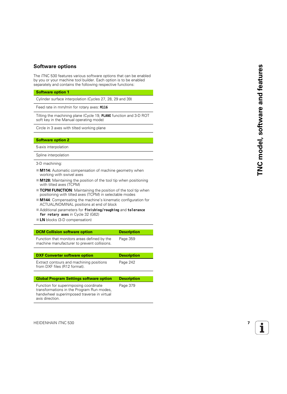Software options, Tnc model, sof tw ar e and feat ur es | HEIDENHAIN iTNC 530 (60642x-04) ISO programming User Manual | Page 7 / 664