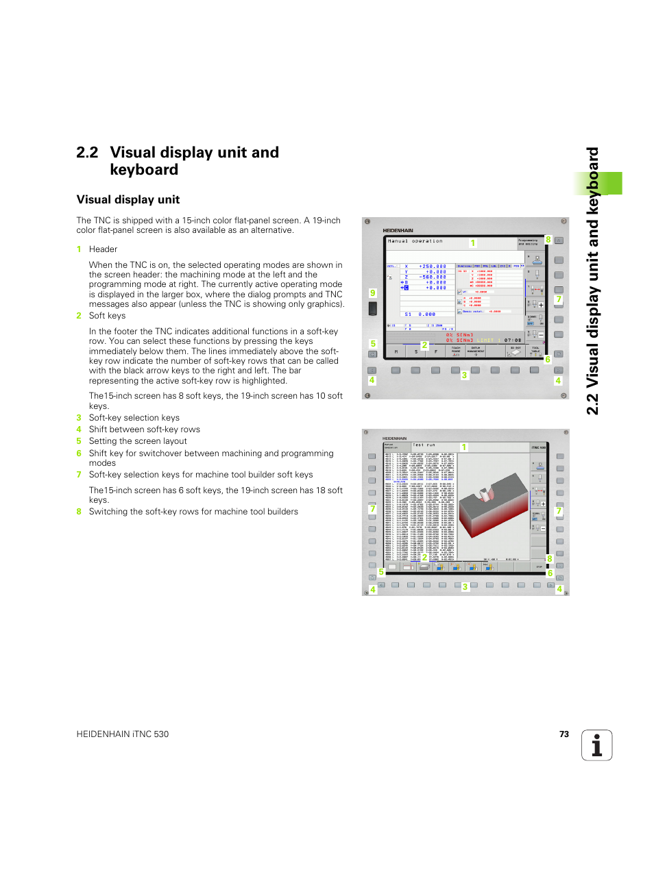 2 visual display unit and keyboard, Visual display unit | HEIDENHAIN iTNC 530 (60642x-04) ISO programming User Manual | Page 73 / 664