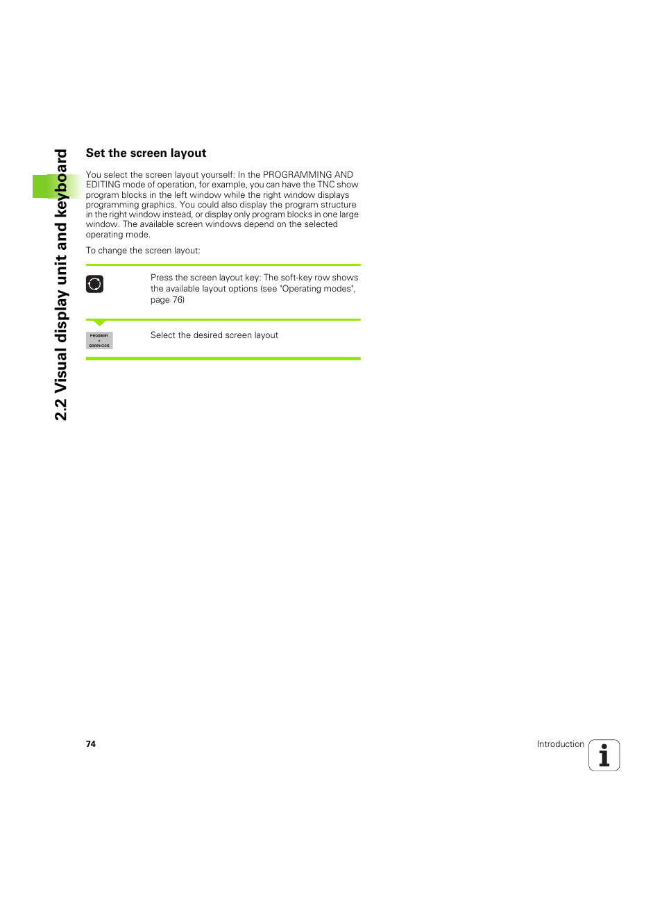 Set the screen layout, 2 v isual displa y unit and ke yboar d | HEIDENHAIN iTNC 530 (60642x-04) ISO programming User Manual | Page 74 / 664