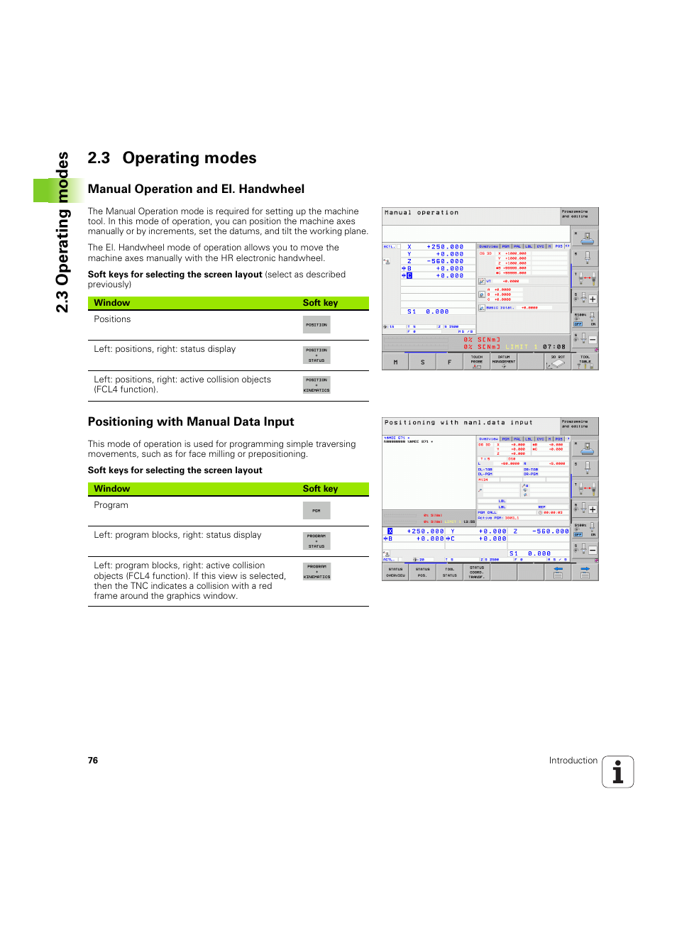 3 operating modes, Manual operation and el. handwheel, Positioning with manual data input | 3 oper ating modes 2.3 operating modes | HEIDENHAIN iTNC 530 (60642x-04) ISO programming User Manual | Page 76 / 664