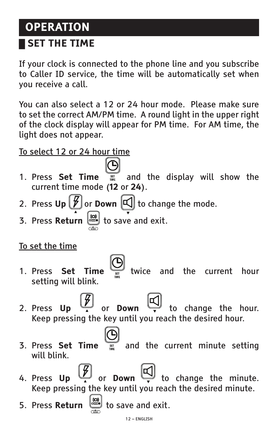 Operation, Set the time | ClearSounds SW200 User Manual | Page 12 / 20