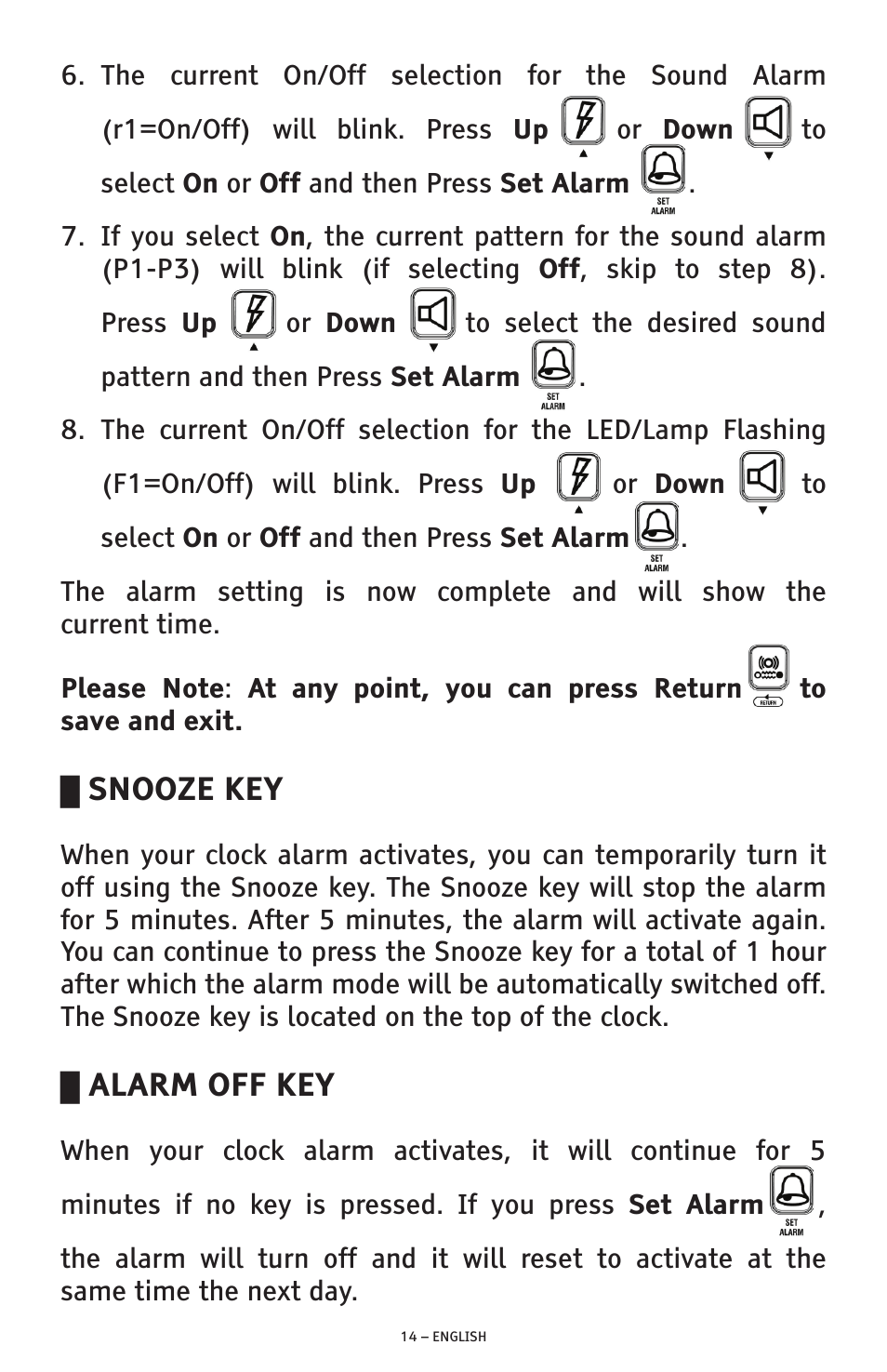 Snooze key, Alarm off key | ClearSounds SW200 User Manual | Page 14 / 20