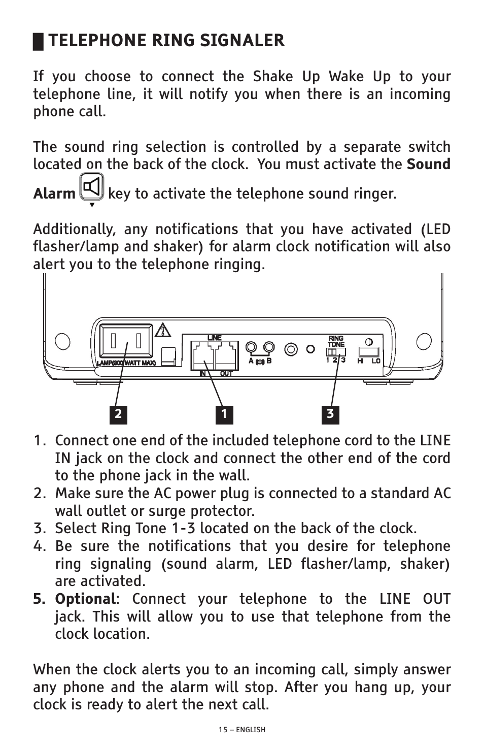 Telephone ring signaler | ClearSounds SW200 User Manual | Page 15 / 20