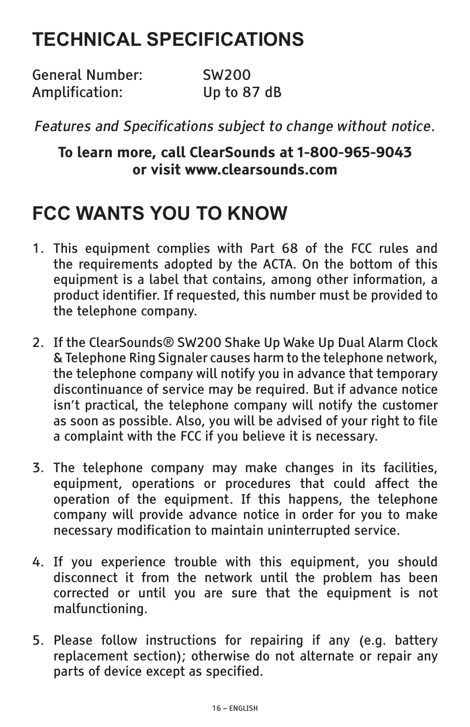 Technical specifications, Fcc wants you to know | ClearSounds SW200 User Manual | Page 16 / 20