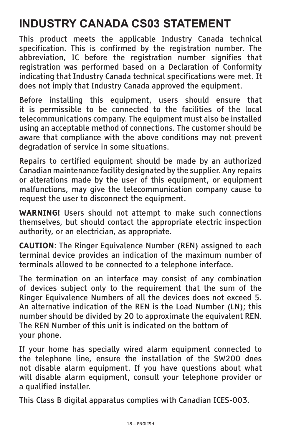 Industry canada cs03 statement | ClearSounds SW200 User Manual | Page 18 / 20