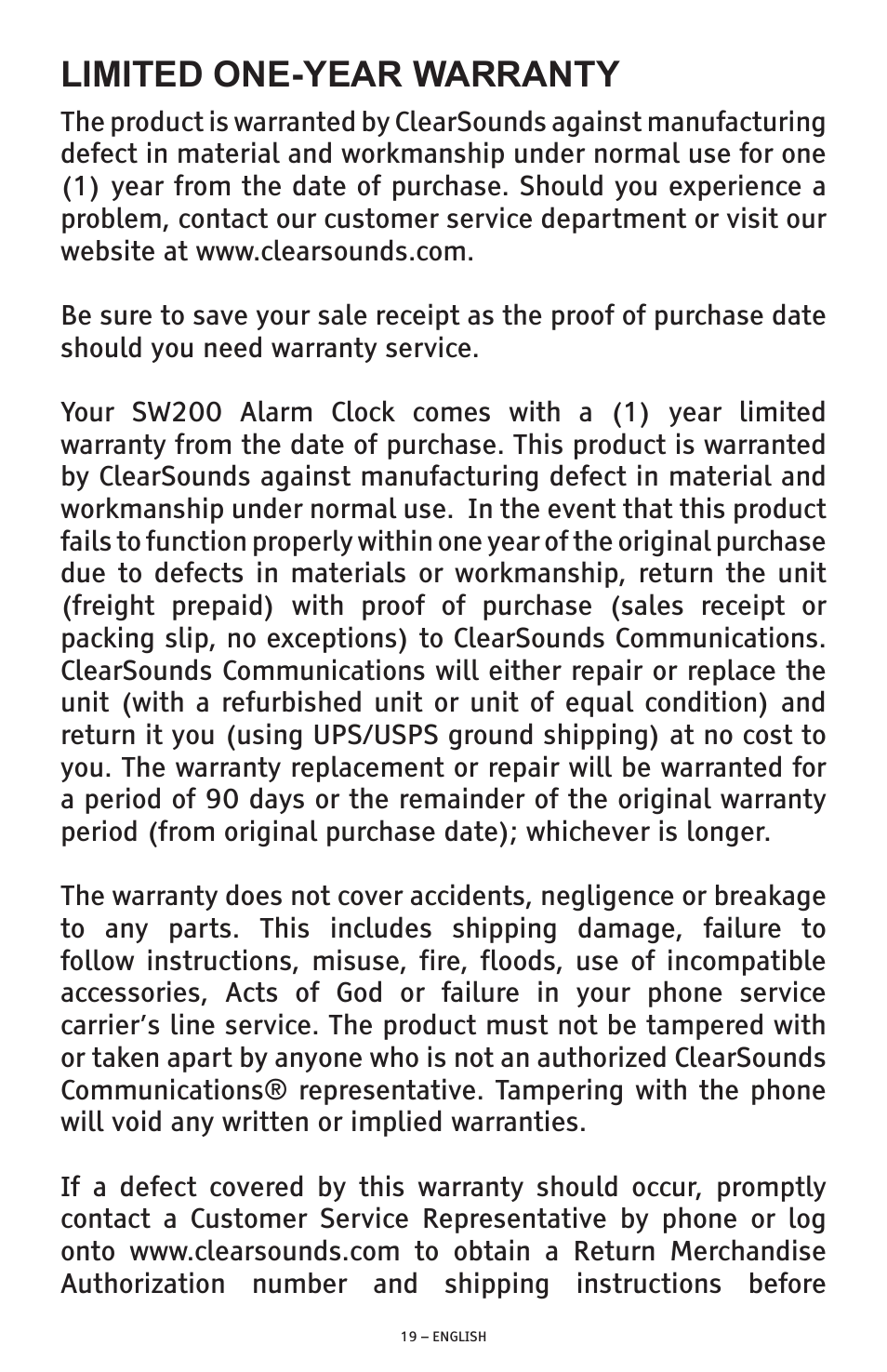 Limited one-year warranty | ClearSounds SW200 User Manual | Page 19 / 20