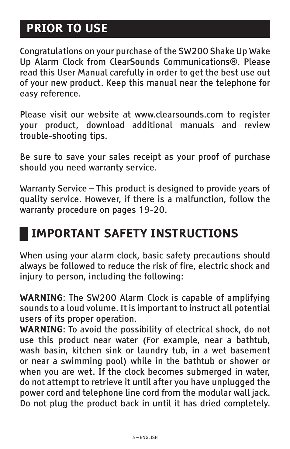 Prior to use, Important safety instructions | ClearSounds SW200 User Manual | Page 3 / 20