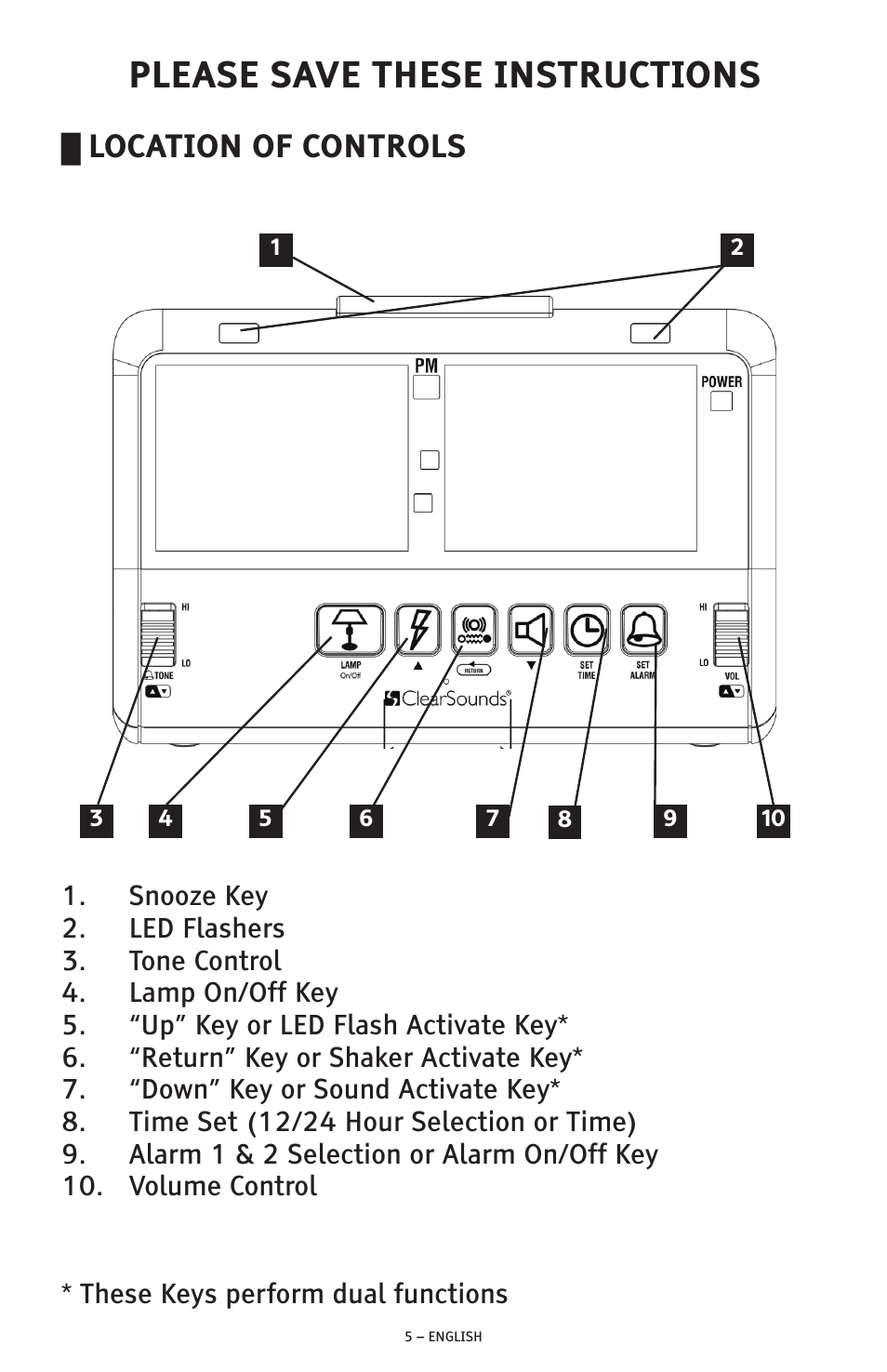 Please save these instructions, Location of controls | ClearSounds SW200 User Manual | Page 5 / 20