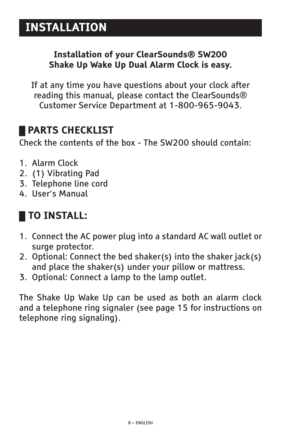 Installation, Parts checklist | ClearSounds SW200 User Manual | Page 8 / 20