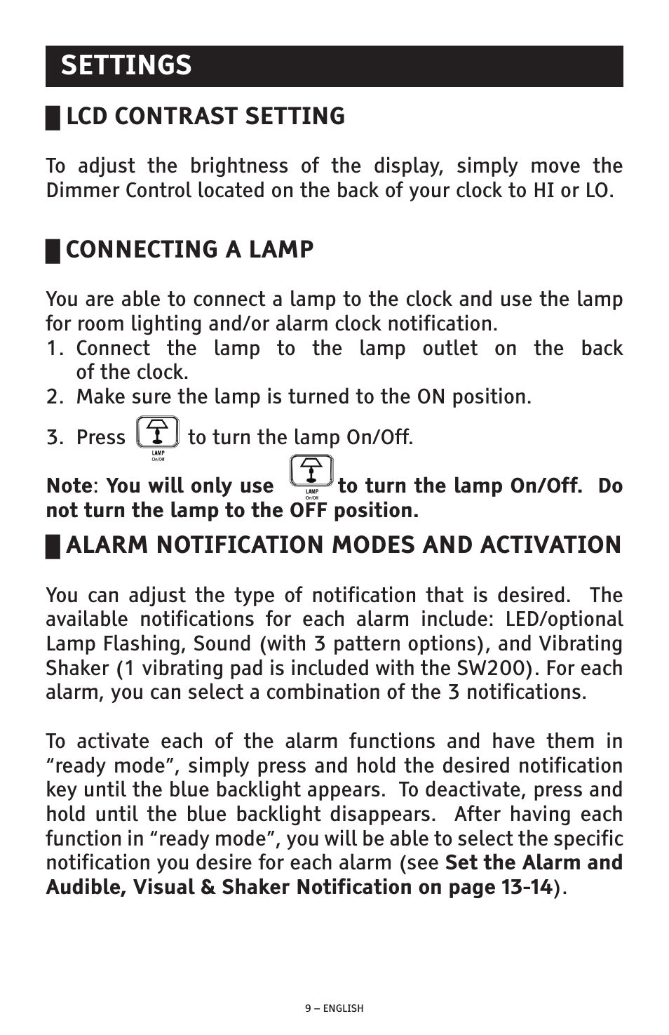 Settings, Lcd contrast setting, Connecting a lamp | Alarm notification modes and activation | ClearSounds SW200 User Manual | Page 9 / 20