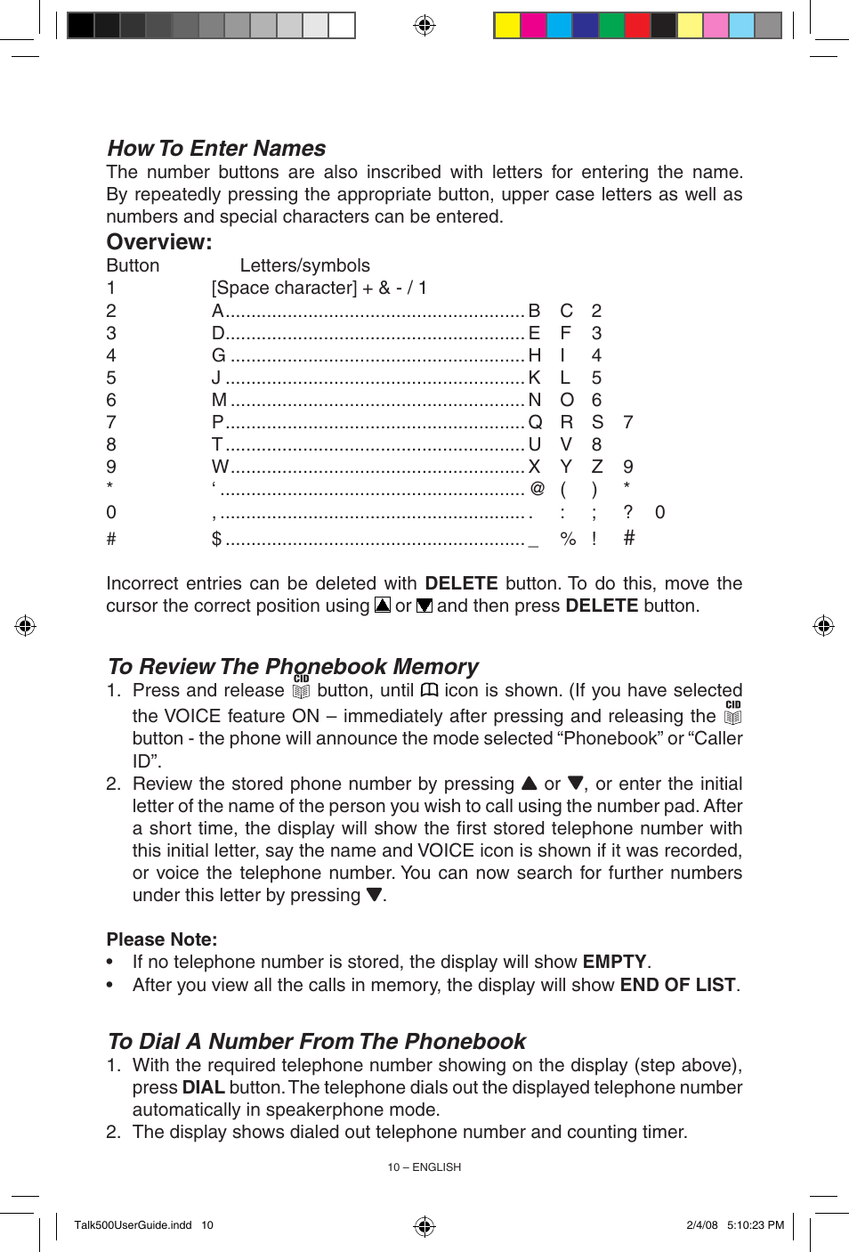 How to enter names, Overview | ClearSounds TALK500 User Manual | Page 10 / 32