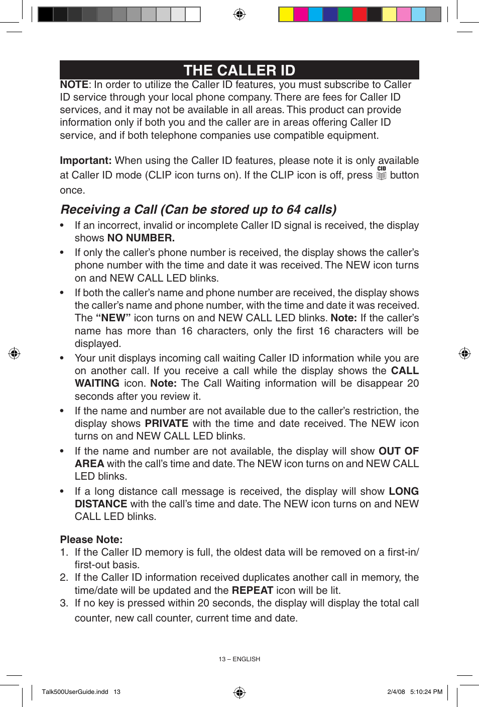 The caller id, Receiving a call (can be stored up to 64 calls) | ClearSounds TALK500 User Manual | Page 13 / 32