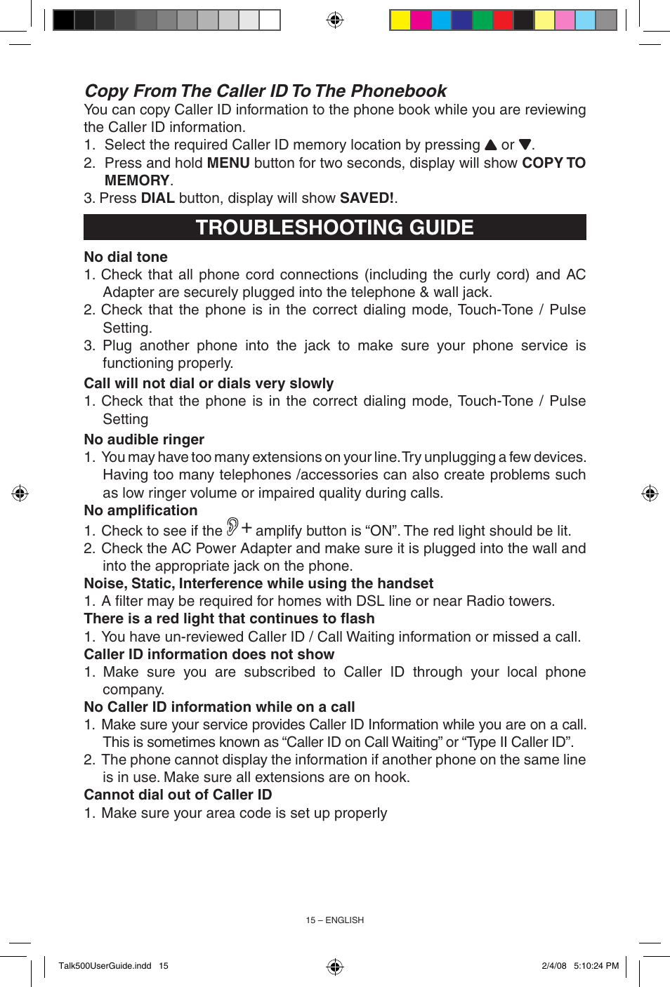 Troubleshooting guide, Copy from the caller id to the phonebook | ClearSounds TALK500 User Manual | Page 15 / 32