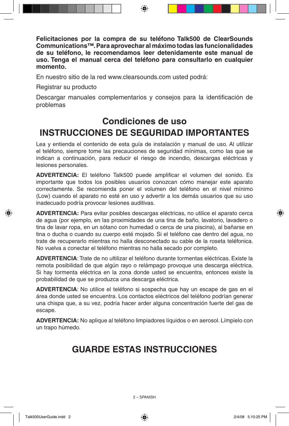 Guarde estas instrucciones | ClearSounds TALK500 User Manual | Page 18 / 32