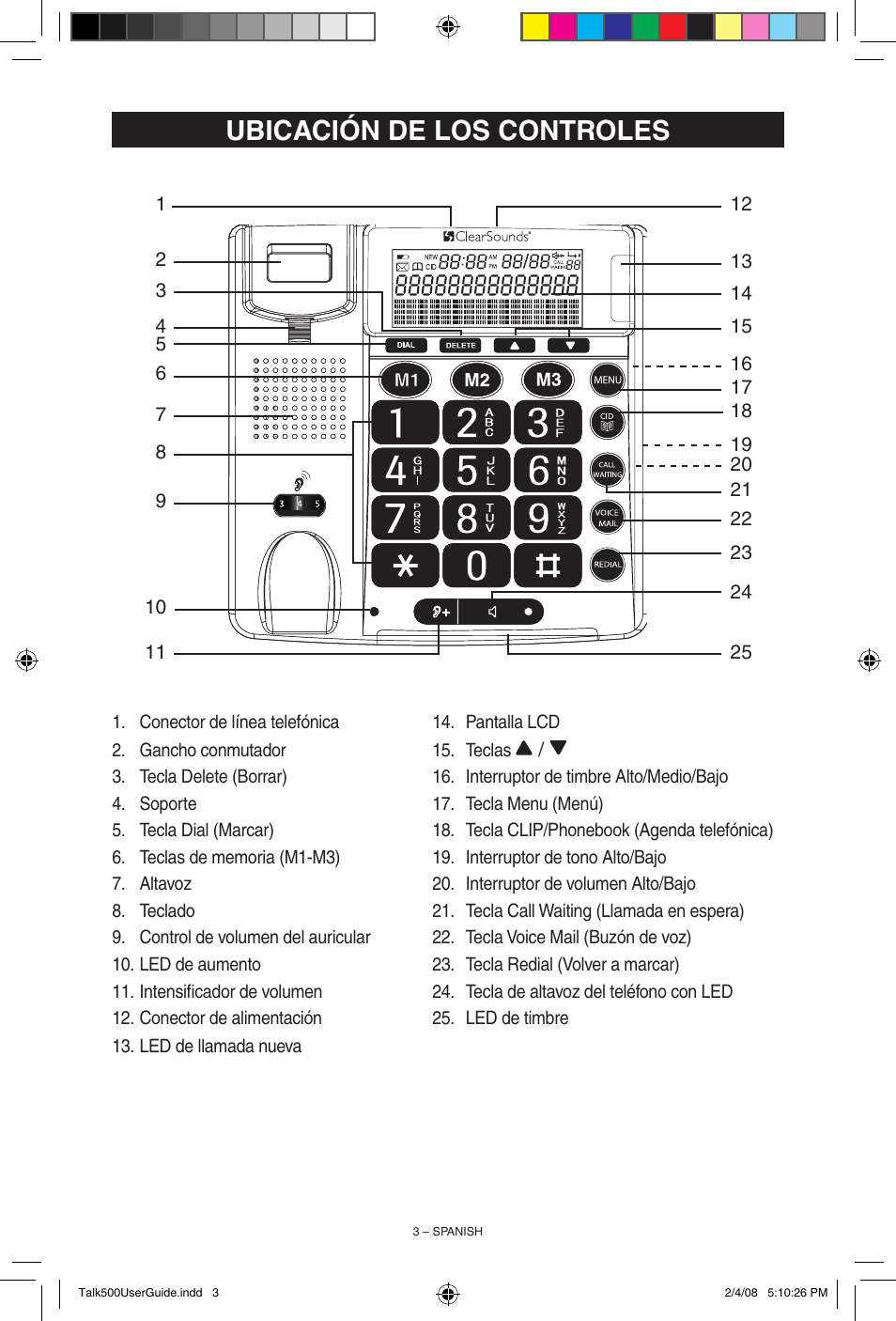 Ubicación de los controles | ClearSounds TALK500 User Manual | Page 19 / 32