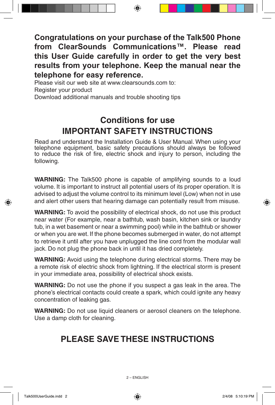 Conditions for use important safety instructions, Please save these instructions | ClearSounds TALK500 User Manual | Page 2 / 32