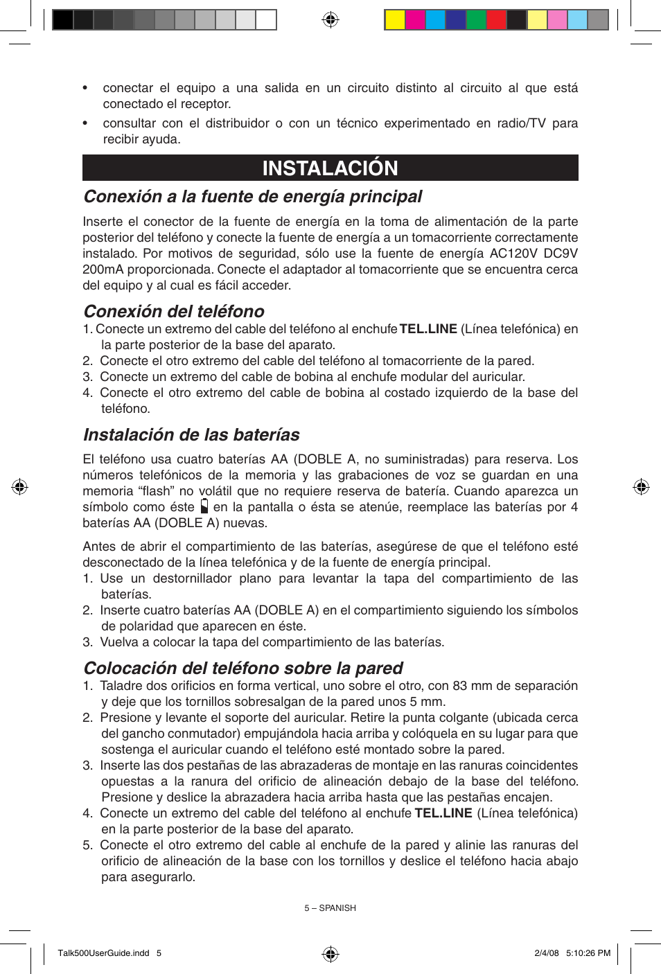 Instalación, Conexión a la fuente de energía principal, Conexión del teléfono | Instalación de las baterías, Colocación del teléfono sobre la pared | ClearSounds TALK500 User Manual | Page 21 / 32