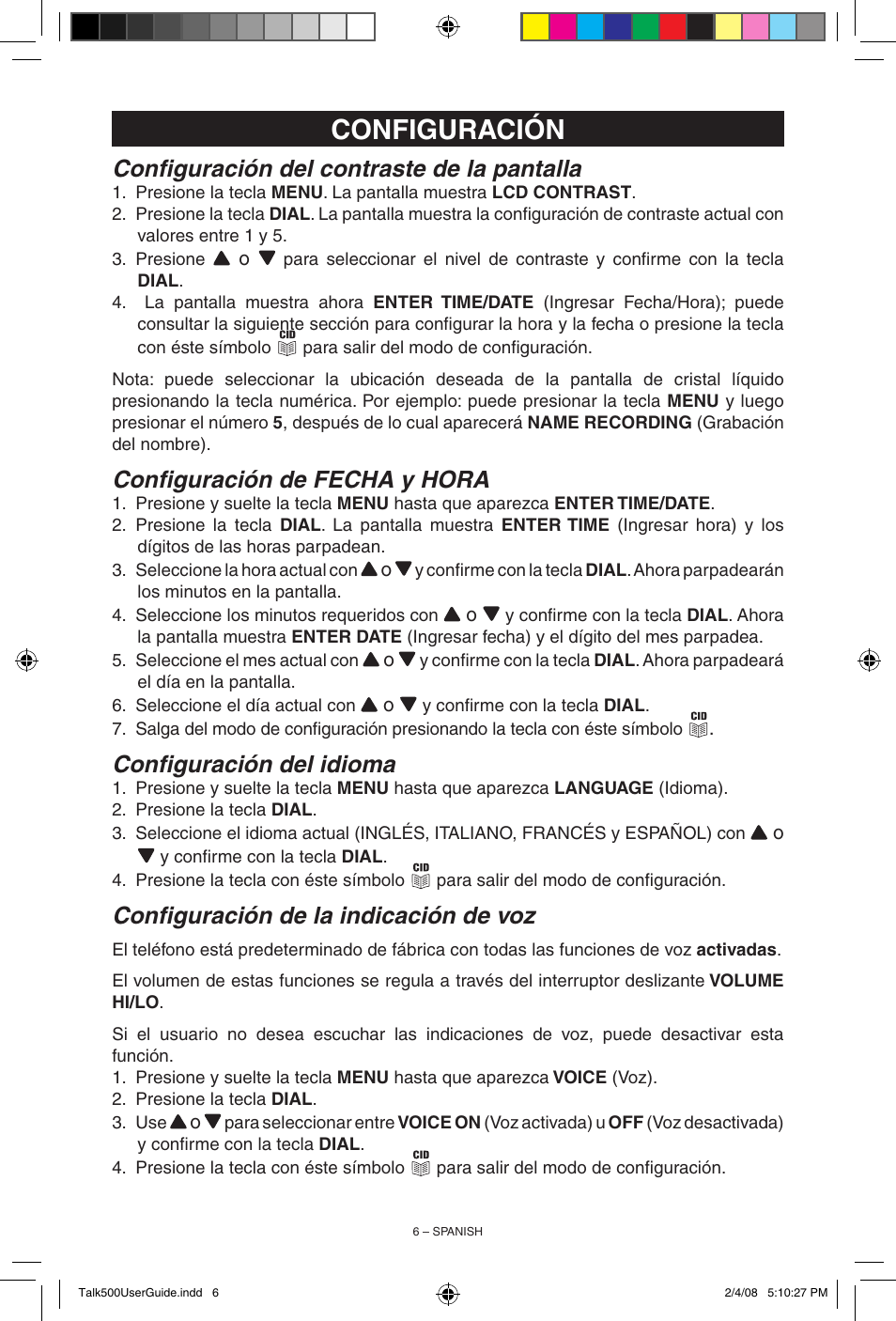 Configuración, Configuración del contraste de la pantalla, Configuración de fecha y hora | Configuración del idioma, Configuración de la indicación de voz | ClearSounds TALK500 User Manual | Page 22 / 32