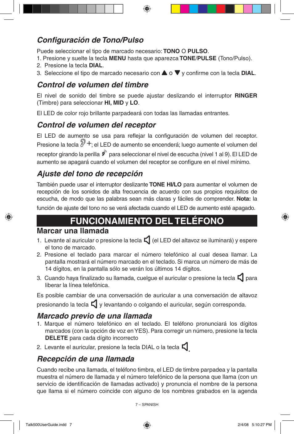 Funcionamiento del teléfono, Configuración de tono/pulso, Control de volumen del timbre | Control de volumen del receptor, Ajuste del tono de recepción, Marcar una llamada, Marcado previo de una llamada, Recepción de una llamada | ClearSounds TALK500 User Manual | Page 23 / 32