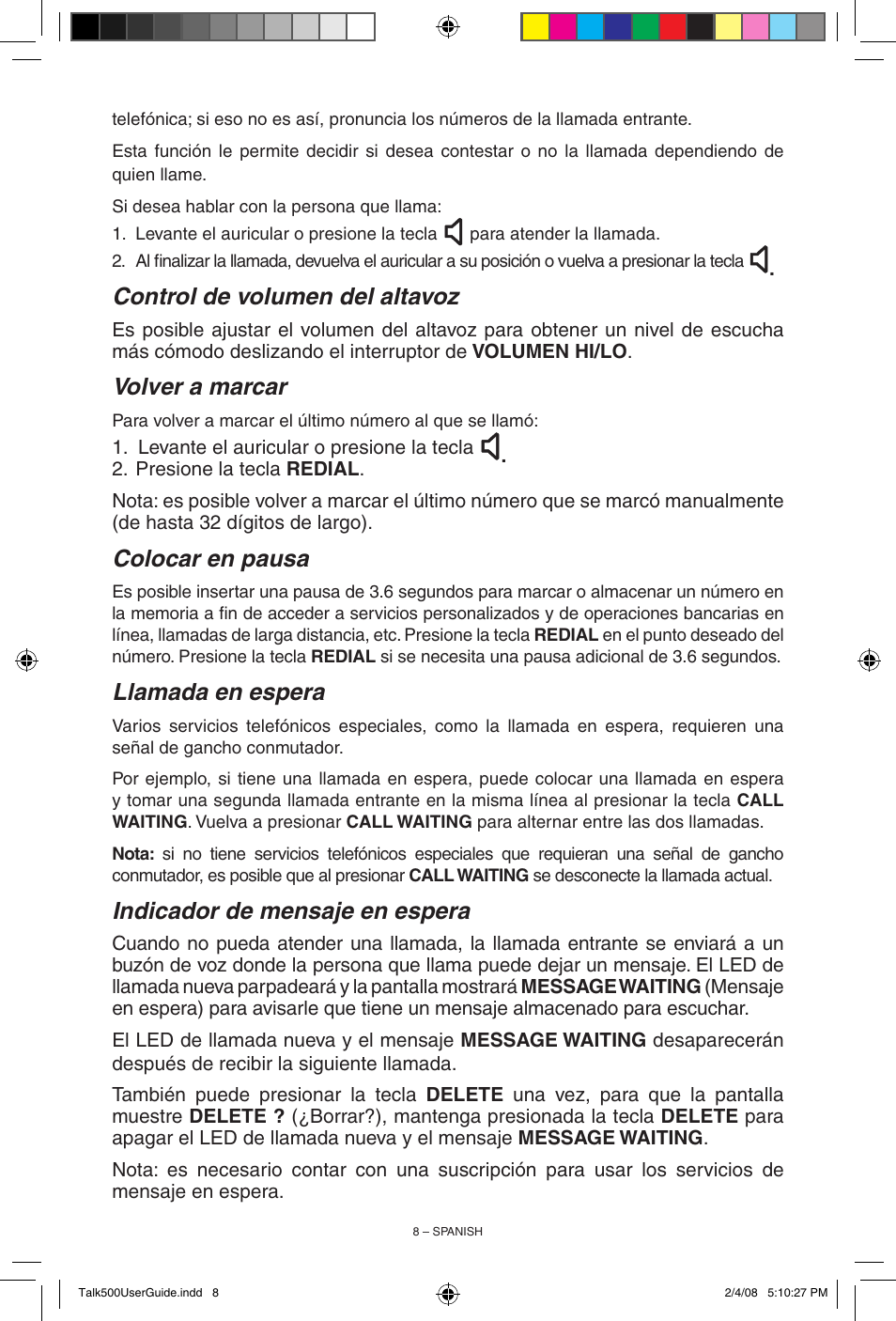 Control de volumen del altavoz, Volver a marcar, Colocar en pausa | Llamada en espera, Indicador de mensaje en espera | ClearSounds TALK500 User Manual | Page 24 / 32