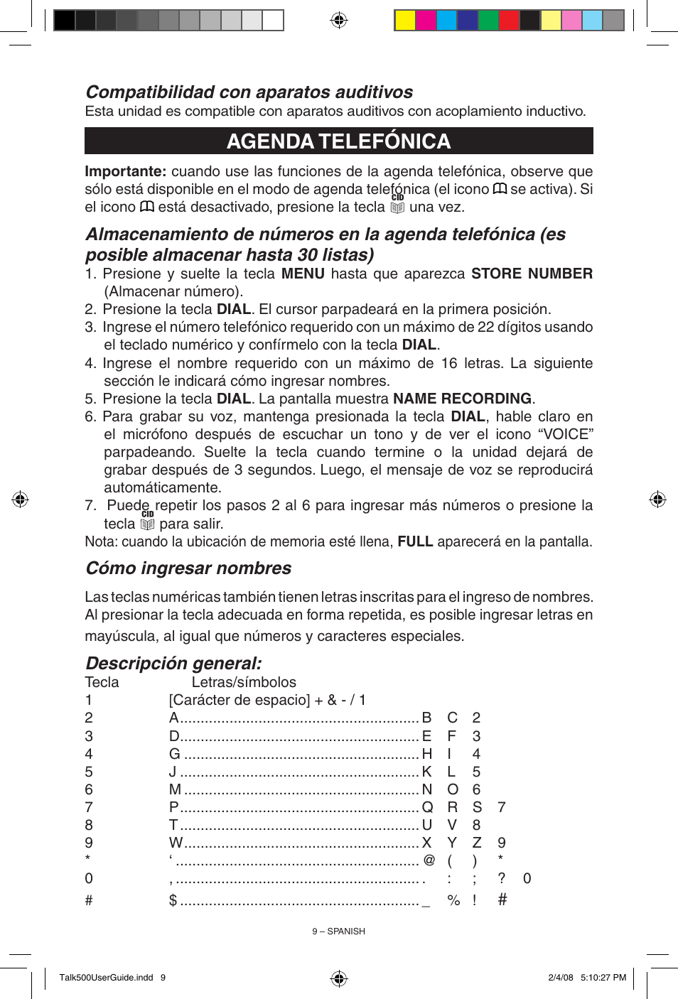 Agenda telefónica, Compatibilidad con aparatos auditivos, Cómo ingresar nombres | Descripción general | ClearSounds TALK500 User Manual | Page 25 / 32