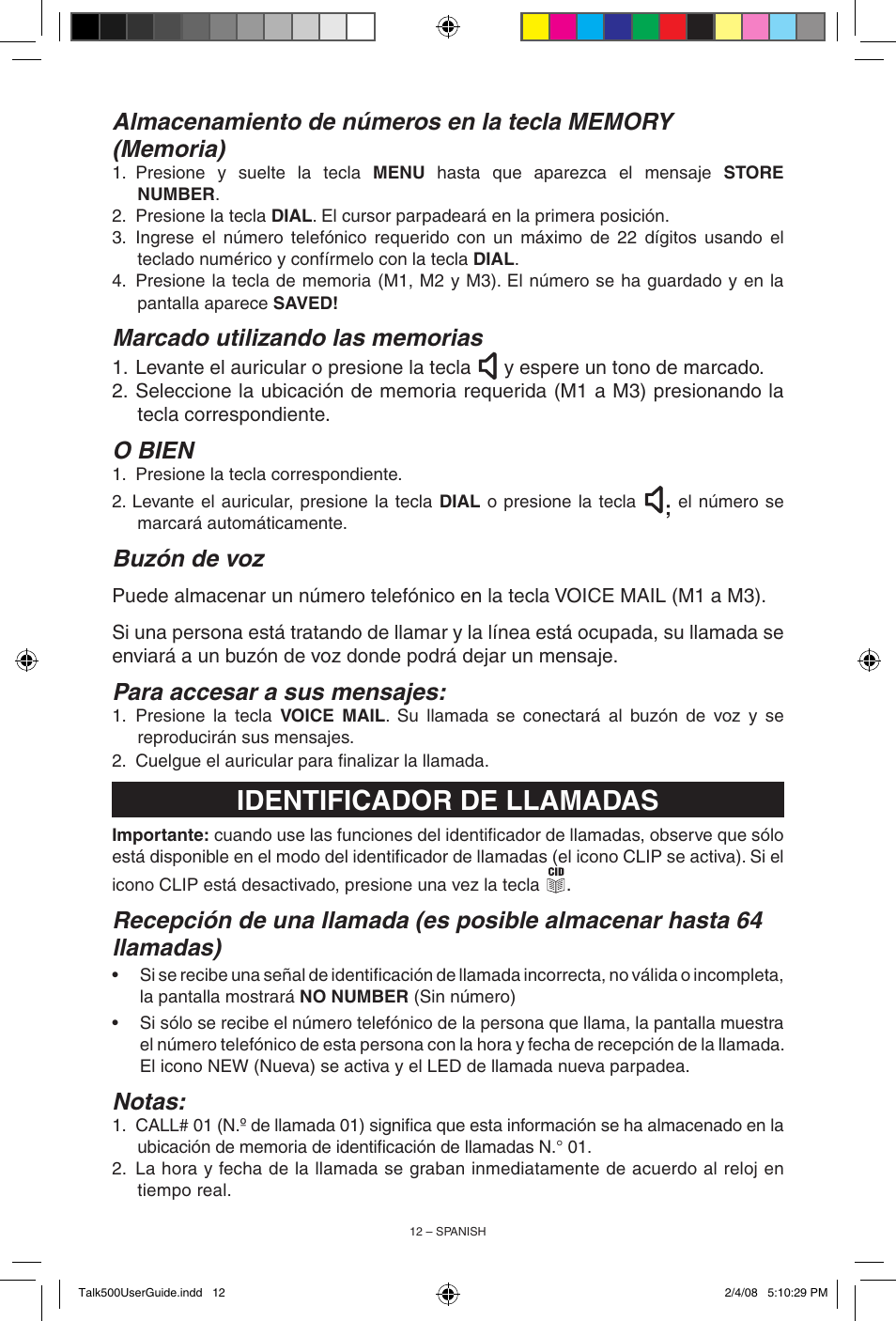 Identificador de llamadas, O bien, Buzón de voz | Para accesar a sus mensajes, Notas | ClearSounds TALK500 User Manual | Page 28 / 32