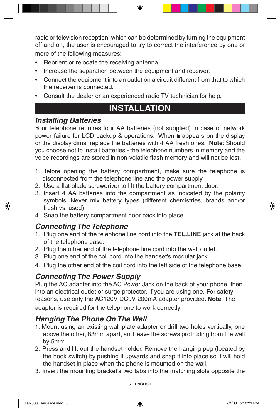 Installation, Installing batteries, Connecting the telephone | Connecting the power supply, Hanging the phone on the wall | ClearSounds TALK500 User Manual | Page 5 / 32